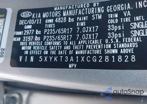 2012 Kia Sorento Lx z USA, uszkodzony, nr VIN 5XYKT3A1XCG281828